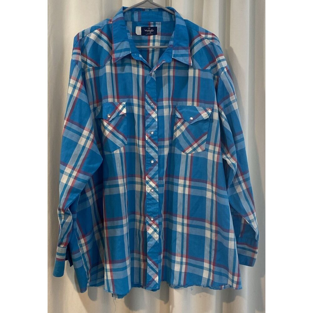 Retro Vtg WRANGLER Western Cowboy Plaid Shirt BIG Man Size 3X  Blue Pearl Snap